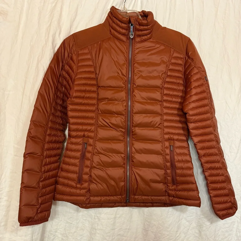 KUHL Spyfire Goose down Jacket cinnamon rust dark orange small puffer NWOT zip - Picture 8 of 15